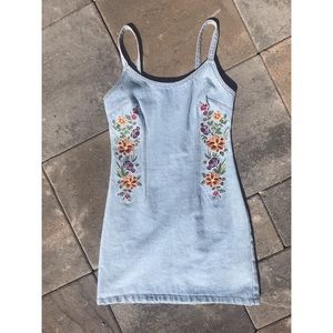 Denim Mini Dress with Flower Detailing